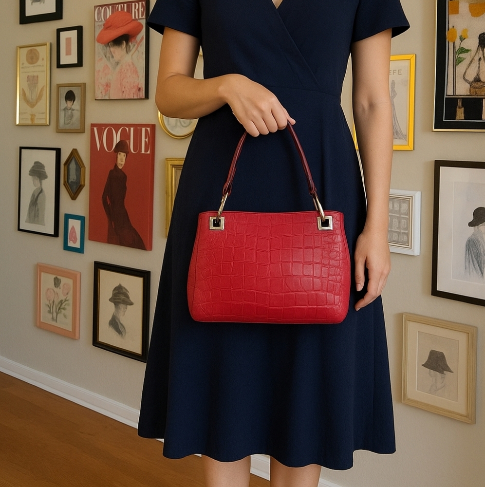 Vintage Bueno Red Crocodile‎ Embossed Faux Leather Crossbody Satchel Handbag